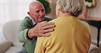 Old couple, hands and support with comfort in home for grief, loss and empathy in retirement. Safety, elderly people and shoulder for sympathy, compassion and kindness with bonding, care and love