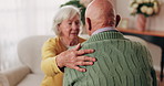 Old couple, hands and support with comfort in home for grief, loss and empathy in retirement. Safety, senior people and shoulder for sympathy, compassion and kindness with bonding, care and love