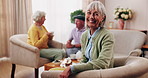 Face, smile and old woman in home for relax, morning and wellness with friends on weekend break. Portrait, happiness and senior person at living room for resting, peace and calm in retirement