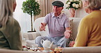 Friends, conversation and bonding with old man in home to relax together or share story at reunion. Retirement, people and speaking in living room for socializing, advice or gathering at house visit
