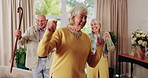 Elderly, dancing or happy people with cane in house for fun retirement, holiday or summer break. Senior group, friends or smile with energy or movement for vibe or weekend celebration in old age home