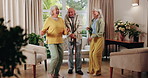 Senior, dancing or happy friends with cane in house for fun retirement, holiday or summer break. Elderly group, people or smile with energy or movement for vibe or weekend celebration in old age home