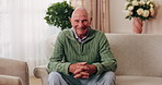 Wellness, face or old man in house with day off, positive attitude or optimistic for weekend break. Wellbeing, portrait or elderly person with good mood, confidence or happy moment in retirement.