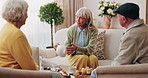 Friends, talk and tea party with old people in home to relax together, pour drink and story at reunion. Retirement, man and woman serving beverage for socializing, conversation and house visit