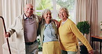 Face, dancing or elderly friends with cane for music, holiday or happy retirement together in house. Portrait, senior group or people smile with energy or movement for weekend celebration in home