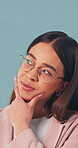Thinking, business or woman with solution, question or idea generation for career growth. Mindset, glasses or employee on studio background with wonder, inspiration or decision for professional goals