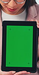 Green screen, hands and tablet with business woman in studio for advertising or marketing. App, display and technology with person showing mockup space for digital information or online opportunity