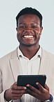 Face, businessman and happy in studio with tablet, internet connection or pride for accounting job. Accountant, black person smile and typing with tech, finance career or about us on white background