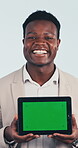 Face, green screen and tablet with business black man in studio for advertising or marketing. Display, mockup space and tech with happy employee on white background for information or presentation