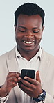 Happy, businessman and scroll in studio with phone, text message and check company email notification. Black person, smile and typing with tech, online work communication and app on white background.