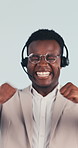 Face, fist pump and telemarketing with black man in studio for sales success or target. Celebration, goals and headset with excited person in call center for achievement, motivation or victory