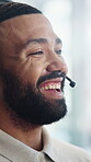 Headset, man and customer service consultant in office for communication, contact or help desk. Happy, mic and technical support agent with online consultation for call center or inbound discussion.