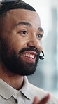 Headset, man and call center consultant in office for communication, contact or help desk. Happy, mic and technical support agent with online consultation for customer service or inbound discussion.