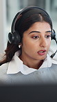 Headset, woman and call center consultant in office for communication, contact or help desk. Talk, mic and technical support agent with online consultation for customer service or inbound discussion.