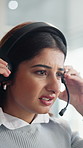 Help desk, woman and stress with headset in call center for ticket backlog, site glitch or headache. Frustrated, support consultant or mic with migraine for hotline queue, system crash or overwhelmed