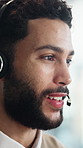 Headset, communication and call center consultant in office for crm, contact or help desk. Happy, man and technical support agent with online consultation for customer service or inbound discussion.