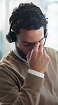Telemarketing, man or frustrated with headset in call center for sale loss, site glitch or headache. Stress, sales consultant and mic with migraine for system crash, customer rejection or overwhelmed