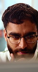Thinking, marketing and business man on laptop for strategy, planning and idea at creative agency. Office, glasses and person on tech with reflection for brand promotion, email campaign and research