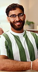 Face, business and man in office with smile, copywriting and about us with career ambition and pride. Happy person, portrait and magazine editor in creative agency with content writer and confidence