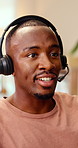 Remote work, talking and black man with headset for customer support, online help and contact us. Consultant, communication and person with mic for virtual assistance, crm service or feedback for wfh