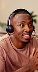 Headset, happy and business man in office for customer support, online help and contact us. Consultant, communication and African person with mic for virtual assistance, crm service and feedback