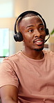 Black man, remote work and headset in home at call center, consulting and crm for customer service. Male person, freelancer and discussion at house with mic, technical support and virtual assistance