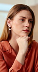 Creative, thinking and business woman in office for marketing solution, campaign idea or vision. Planning, problem solving and serious marketer in workplace for brand proposal or ad development