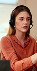 Woman, consultant and laptop with headset in call center for customer service or online advice. Female person, agent or report with mic for telecommunications, virtual assistance or help in workplace