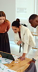 Manager, people and review in office with laptop, marketing analytics and data for campaign performance. Team, talk and computer in workplace with graphs, advertising stats and project collaboration.