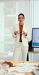 Presentation, monitor and business woman in office for feedback, finance review and workshop. Boardroom, manager and person in meeting for planning, strategy and budget goals for financial growth
