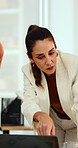 Laptop, pointing and planning with business woman in office for marketing, research and media analysis. Online branding, meeting and campaign manager with mature employee for web traffic and project