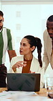 Laptop, mentor and planning with business woman in office for marketing, research and media analysis. Online branding, meeting and campaign manager with employee in agency for web traffic and project