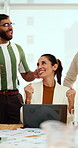 Happy, laptop and team with applause for winning, celebration or good news in office. Excited, business people or clapping with smile or high five for promotion or success together in workplace