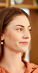 Creative, idea and woman with smile in office, brand manager and planning for campaign or assignment. Marketing, employee and happy person with decision in business, contemplating and reflection