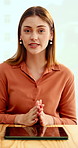 Face, interview and woman on video call in office for hiring process, company policy and screening. POV, recruiter or virtual meeting with tech for headhunting, talent acquisition or explain benefits
