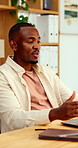 Laptop, interview and man on video call in office for work policy, creative vacancy and screening. HR, black person and virtual meeting with tech for headhunting, talent acquisition and company perks