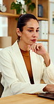 Business, decision and woman with laptop, online and planning for case with digital evidence on web. Paralegal, reflection and mature person with technology, happy and trial research in law firm