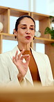 Business, woman and laptop in office for video call, virtual interview and discussion for job offer. Mature person, talking and webinar in workplace with pc, contact candidate and online recruitment