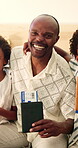 Passport, face and dad with kids in home excited for travel, family vacation and holiday. Portrait, children and African father with ticket, visa and boarding pass for getaway, trip or hug in bedroom