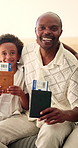 Passport, face and dad with children in home excited for travel, family vacation and holiday. Portrait, kids and African father with ticket, visa and boarding pass for getaway, trip and bonding