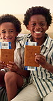 Passport, happy and face of children in home excited for travel, family vacation and holiday. Siblings, portrait and African kids with ticket, visa and boarding pass for getaway, trip and bonding