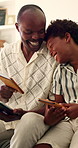 Passport, tablet and dad with child in home excited for travel, family vacation and holiday. Happy, boy and African father with ticket, online booking and boarding pass for getaway, trip and bonding