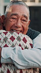 Hug, outdoor and senior couple with love, care and reunited in home frontyard with smile. Happy, embrace and healthy marriage of man and woman together at house for retirement, connection or wellness