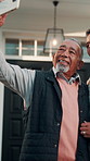 New home, man and senior couple with selfie for property success, status update and memory. Retirement, support and happy people with photo in front yard for online post, real estate or achievement