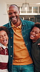 Laugh, face and dad in front yard with children for moving to dream house, property and new home. Hug, portrait and African father with kids for bonding, love and security with mortgage approval