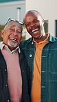 Face, man and senior dad with selfie in front yard for retirement home visit, bonding and support. Laugh, son and elderly father at house for funny connection, healthy relationship and family reunion