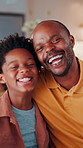 Face, dad and hug with child in house, connection and bonding with son on weekend or love in lounge. Portrait, black man and laughing with kid, happiness and embrace with parent and childcare in home