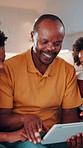Tablet, kids or dad with game on sofa for internet puzzle, problem solving or bonding activity. Black people, man or boys with tech in home for playing family trivia, online challenge or relationship