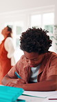 Child, homework and parents fight in home with stress, writing task or distraction from learning. Sad, African boy and education disruption in house with conflict, mother and father argue for divorce