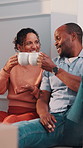 Couple, cheers and moving in new home with coffee, property investment celebration or bonding together. Happy, mature African people and toast in apartment with drink, relocation or real estate goals